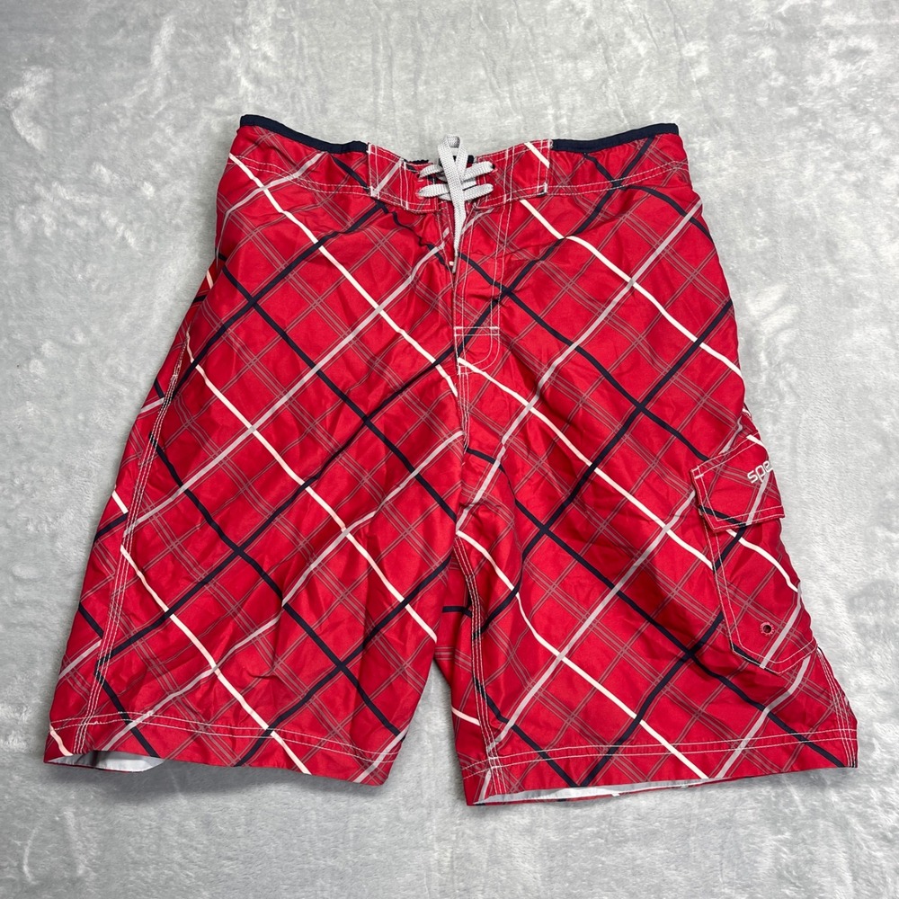 Speedo Board Shorts Mens Medium Red Plaid Swim Trunks Cargo Pocket Mesh Y2K